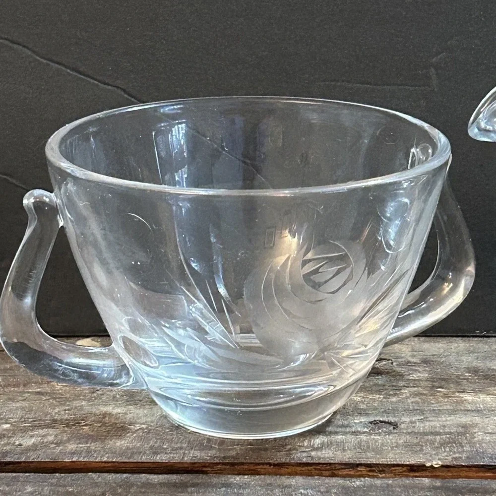 Fostoria Crystal Rose Etched Clear Glass Creamer Sugar Bowl Set MCM Floral Vtg